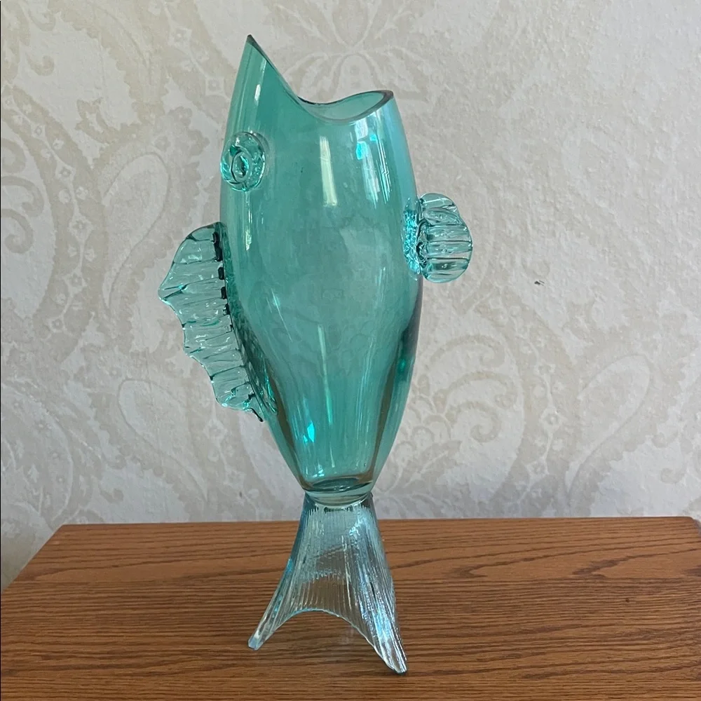 Rare Vintage Blenko style Aqua Glass Fish vase 12.5” tall